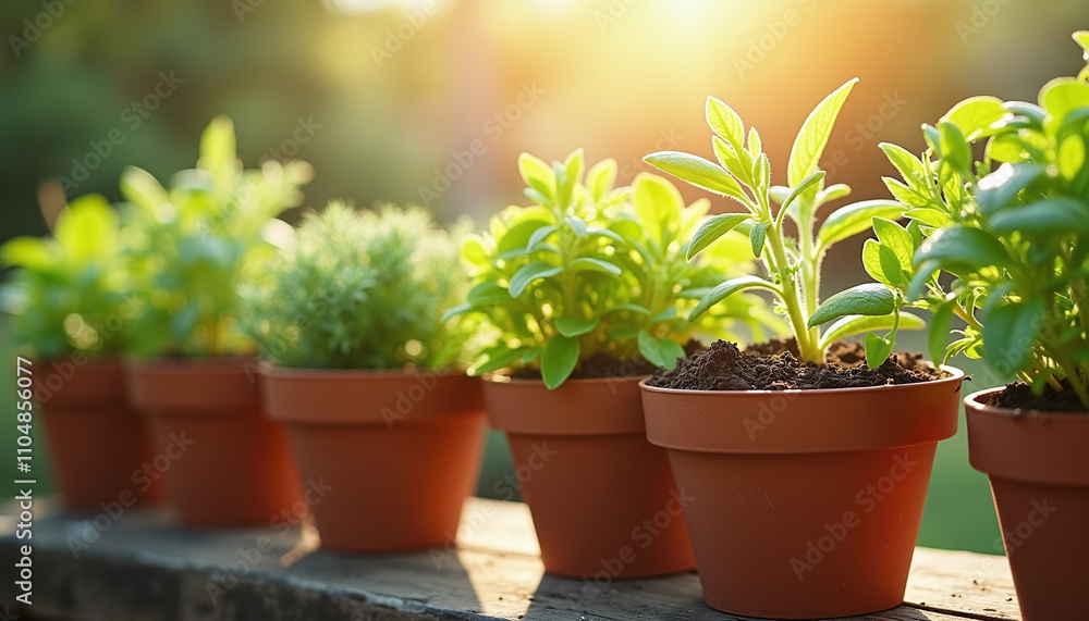 Terracotta Pots with Freshly Planted Herbs Terracotta Pots with Freshly Planted Herbs