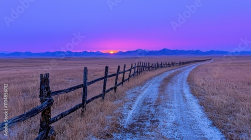 Serene Sunset Landscape Rural Road Fence Mountains