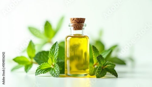 Yellow bottle of oil with mint leaves