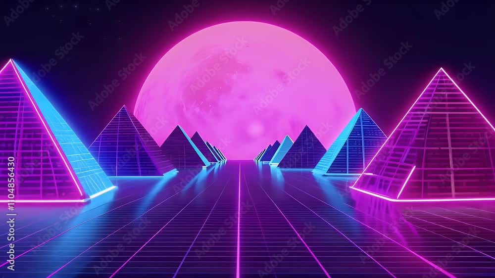 Futuristic neon pyramids under a vibrant pink moon in a digital landscape. Futuristic neon pyramids under a vibrant pink moon in a digital landscape.
