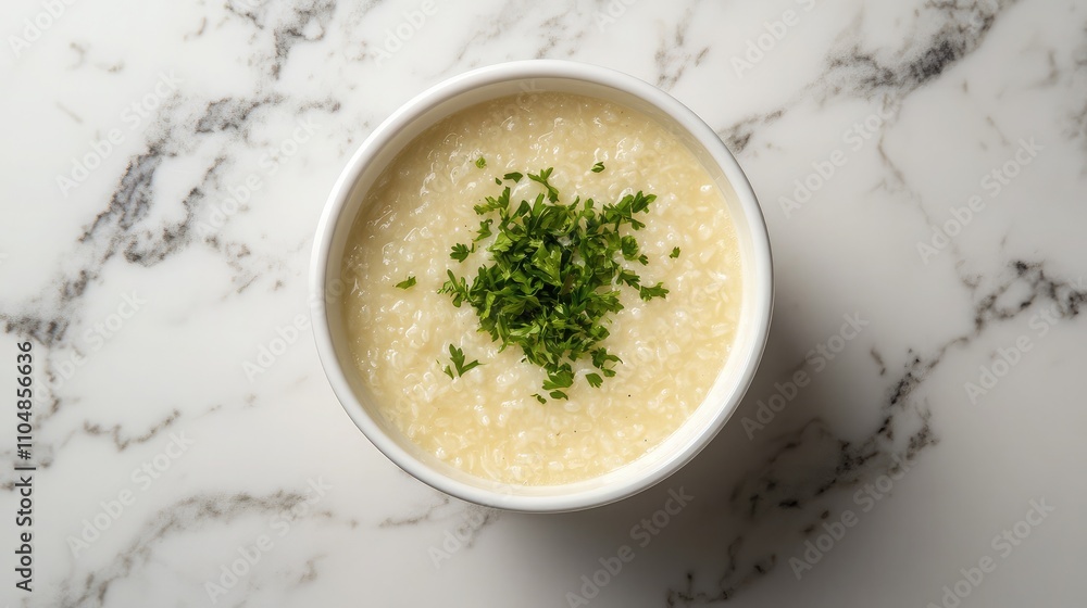 Creamy Rice Porridge Topped with Fresh Chopped Herbs Served in a White Bowl on a Marble Background, Ideal for Comfort Food or Healthy Breakfast Options Creamy Rice Porridge Topped with Fresh Chopped Herbs Served in a White Bowl on a Marble Background, Ideal for Comfort Food or Healthy Breakfast Options