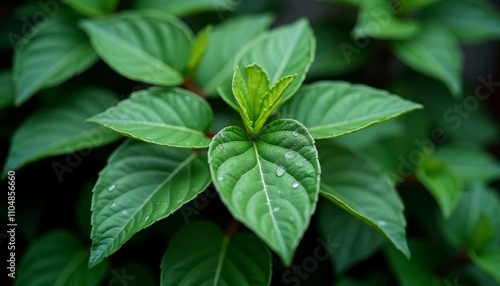 Dewdrops on leaves of a green plant