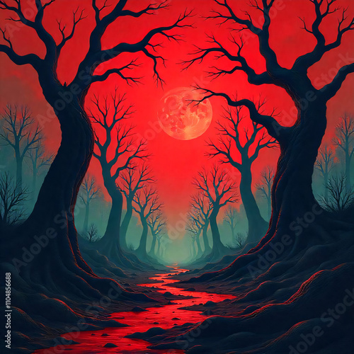 A Spooky Landscape With Red Sky