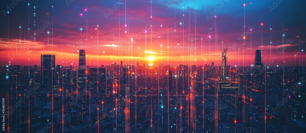 Fototapeta premium Sunset over a cityscape with glowing lines of light representing data.