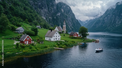 Serene Mountain Lake Village Houses Boats Nature Scenery