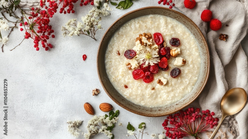 Creamy Oatmeal Bowl Topped with Dried Fruits, Nuts, and Fresh Flowers on Rustic Gray Background with Delicate Floral Accents Creamy Oatmeal Bowl Topped with Dried Fruits, Nuts, and Fresh Flowers on Rustic Gray Background with Delicate Floral Accents