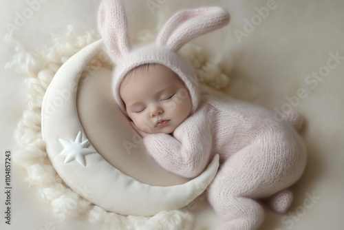 Newborn baby cosplays as a rabbit sleeping on a moon pillow photo