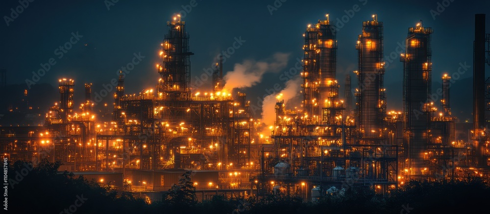 A nighttime view of an illuminated oil refinery with tall structures and smoke stacks. A nighttime view of an illuminated oil refinery with tall structures and smoke stacks.