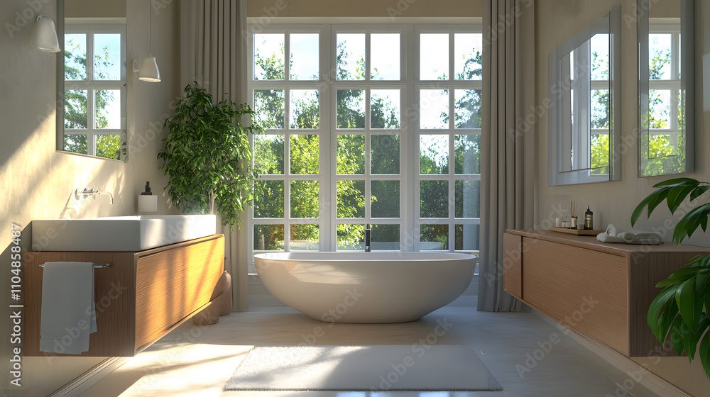Modern bathroom design with large windows and natural light creating a serene atmosphere Modern bathroom design with large windows and natural light creating a serene atmosphere
