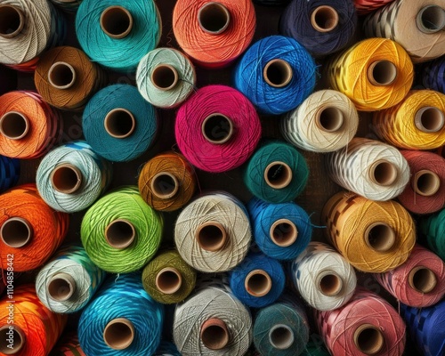 Colorful spools of threads arranged in a vibrant pattern, showcasing a variety of textures and shades. Ideal for crafting and creative projects in textile design. photo