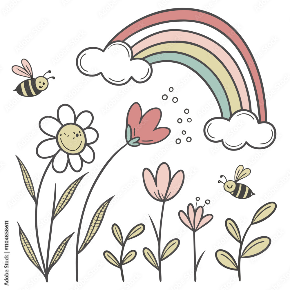 Crayon Style Nature Doodles Clouds, Flowers, and Rainbow Crayon Style Nature Doodles Clouds, Flowers, and Rainbow