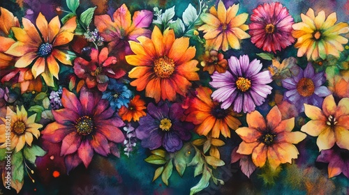 Vibrant Watercolor Floral Symphony: A Kaleidoscope of Autumn Hues