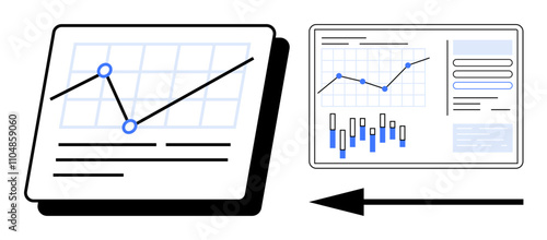 Graph transitioning from paper to digital device with line and bar charts. Ideal for data analysis, business growth, digital transformation, technology adoption, corporate presentations, financial