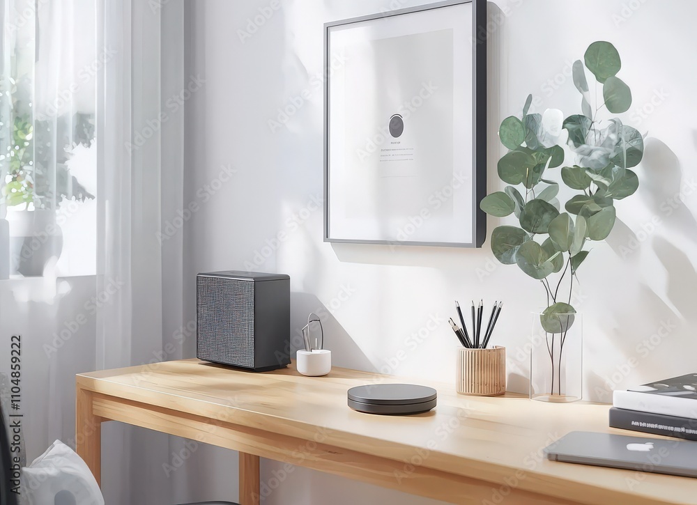 Stylish minimalist home office workspace with modern tech and natural elements. Sunlight streams through sheer curtains, illuminating a wooden desk with a speaker, turntable, and eucalyptus. Stylish minimalist home office workspace with modern tech and natural elements. Sunlight streams through sheer curtains, illuminating a wooden desk with a speaker, turntable, and eucalyptus.
