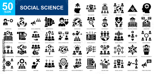 Social Science icon collection set. Social care, education, social justice, critical thinking, human thinking icon. Simple glyph vector.