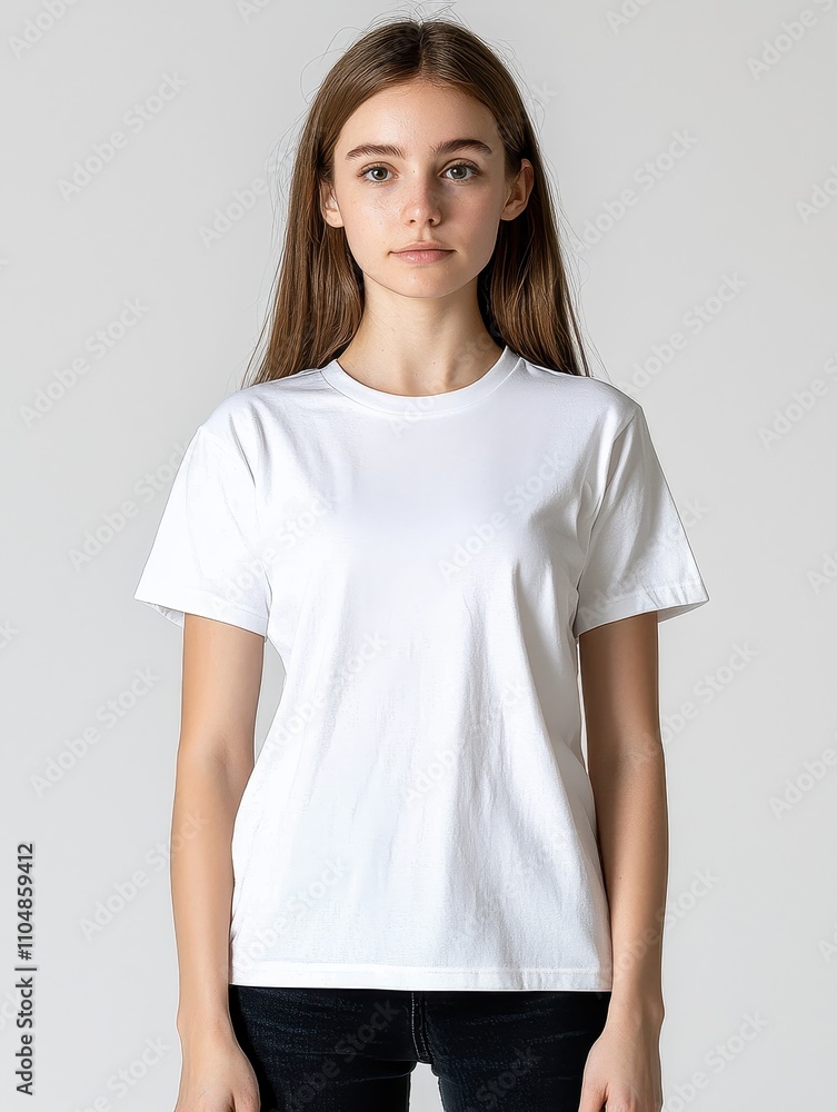 Model showcasing white t-shirt studio fashion photography minimalist background front view apparel design concept Model showcasing white t-shirt studio fashion photography minimalist background front view apparel design concept