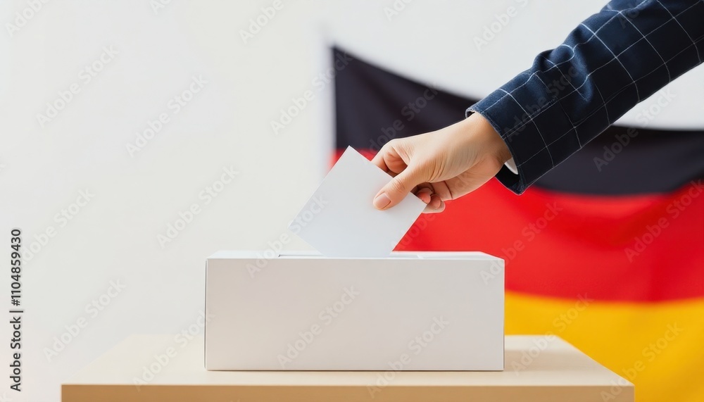a person casting a vote into a ballot box with the German flag in the background. a person casting a vote into a ballot box with the German flag in the background.