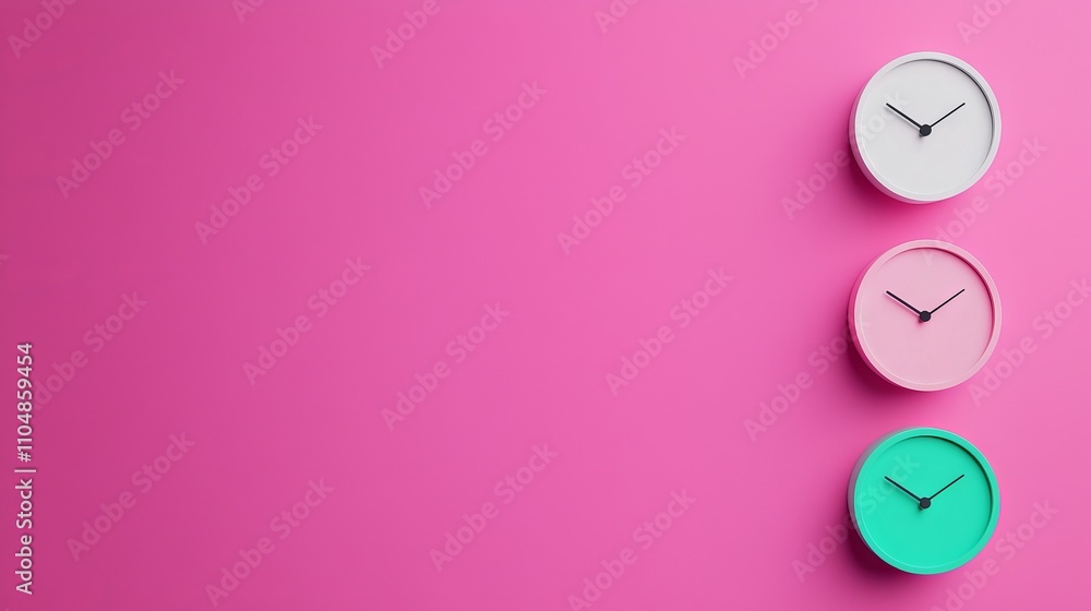 Colorful clocks arranged on a vibrant pink background. Colorful clocks arranged on a vibrant pink background.