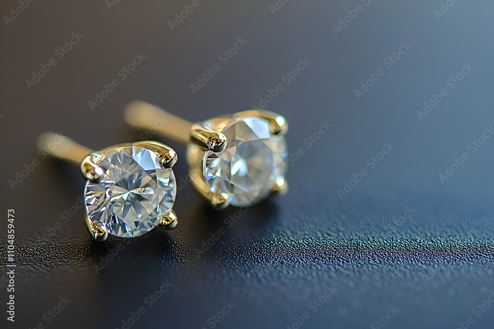Elegant Diamond Stud Earrings, Sparkling Gold Setting on Dark Background Elegant Diamond Stud Earrings, Sparkling Gold Setting on Dark Background