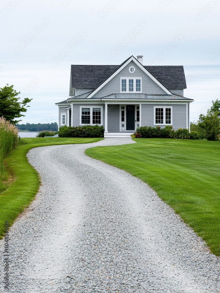 Charming gravel driveway leading to cozy house scenic waterfront residential photography serene atmosphere front view tranquility Charming gravel driveway leading to cozy house scenic waterfront residential photography serene atmosphere front view tranquility