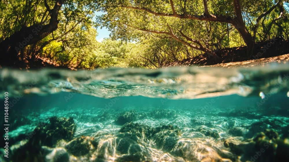 Underwater view of a serene river with lush greenery above and rocky bottom visible. Underwater view of a serene river with lush greenery above and rocky bottom visible.