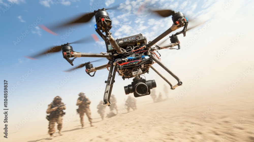 Improvised drone with mounted explosives hovering above standard combat zone tactical surveillance desert environment aerial view military technology Improvised drone with mounted explosives hovering above standard combat zone tactical surveillance desert environment aerial view military technology