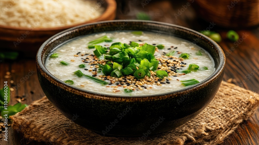 Creamy Rice Porridge with Fresh Green Onion and Sesame Seeds in Traditional Bowl on Rustic Wooden Table Surrounded by Rice Ingredients and Natural Textures Creamy Rice Porridge with Fresh Green Onion and Sesame Seeds in Traditional Bowl on Rustic Wooden Table Surrounded by Rice Ingredients and Natural Textures