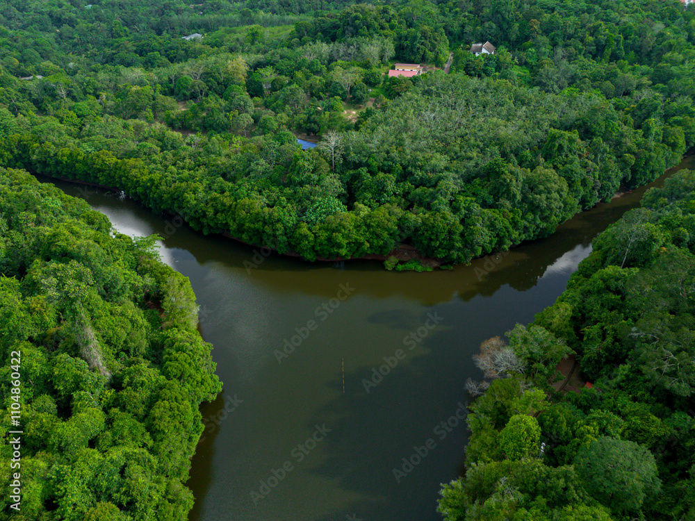 Aerial drone view of Chatin Lake or Tasik Chatin surrounded by greenery trees at Mentakab, Pahang, Malaysia. Aerial drone view of Chatin Lake or Tasik Chatin surrounded by greenery trees at Mentakab, Pahang, Malaysia.
