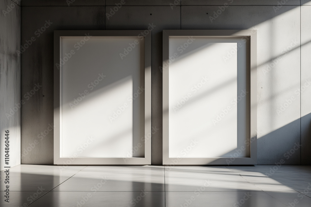 A modern gallery space with two empty frames on a concrete wall illuminated by sunlight, creating a minimalist aesthetic for contemporary art displays. A modern gallery space with two empty frames on a concrete wall illuminated by sunlight, creating a minimalist aesthetic for contemporary art displays.