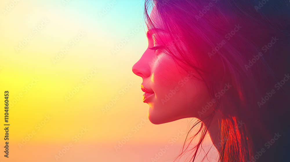 Sunset Silhouette, Woman's Profile in Vibrant Hues, Warm Colors, Dreamy Aesthetic, Peaceful Serene Feeling Sunset Silhouette, Woman's Profile in Vibrant Hues, Warm Colors, Dreamy Aesthetic, Peaceful Serene Feeling