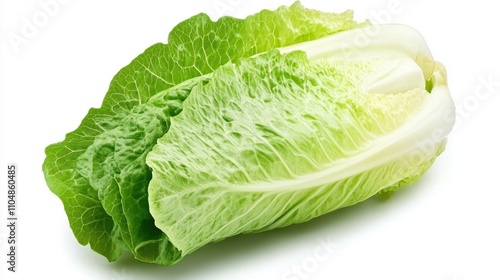 A fresh, green romaine lettuce leaf, showcasing its crisp texture and vibrant color, perfect for salads and healthy dishes.