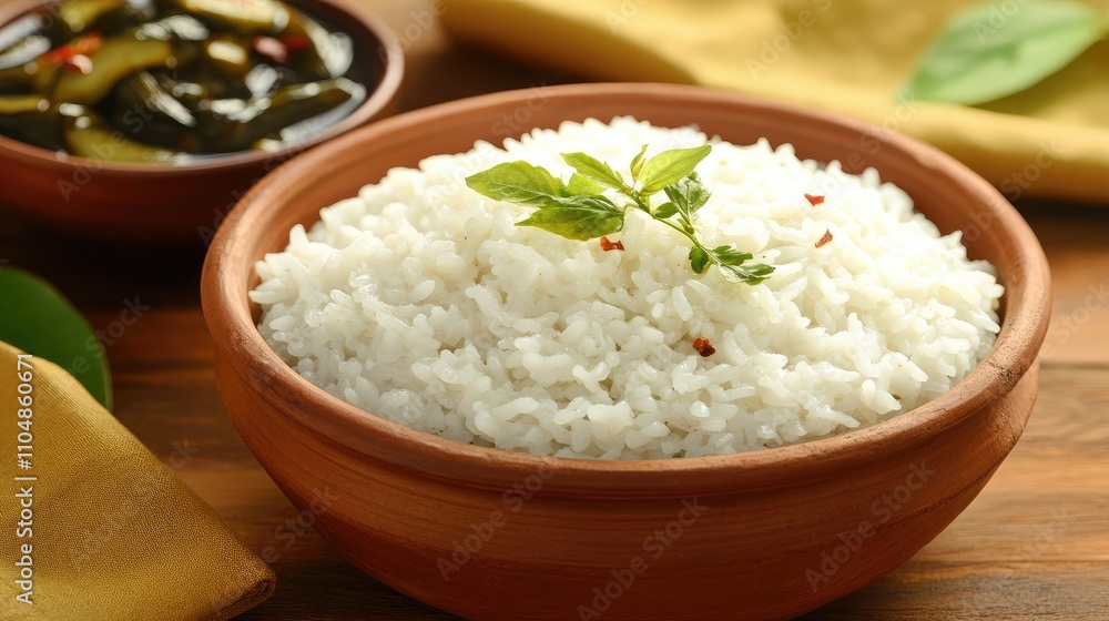 Freshly Cooked White Rice Served in a Traditional Clay Bowl with a Herb Garnish and Accompanied by a Bowl of Green Vegetable Relish on a Wooden Table Freshly Cooked White Rice Served in a Traditional Clay Bowl with a Herb Garnish and Accompanied by a Bowl of Green Vegetable Relish on a Wooden Table