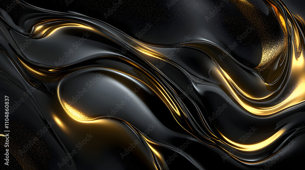 Abstract design showcasing flowing black and gold textures with smooth curves and reflections Abstract design showcasing flowing black and gold textures with smooth curves and reflections