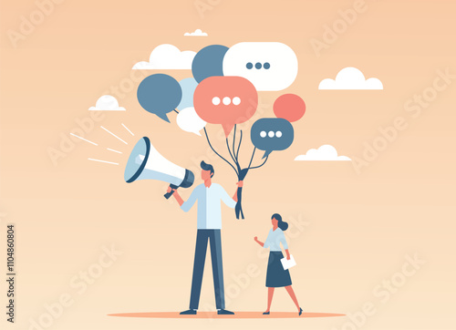 A man holding a megaphone and speech bubble balloons, standing with a woman holding documents. Perfect for communication,  speaking, marketing, teamwork, and spreading ideas in a modern illustration.