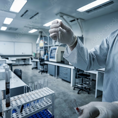 A laboratory setting with a scientist wearing gloves and a lab coat