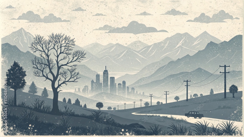 Obraz premium Serene landscape with mountains and a distant city skyline