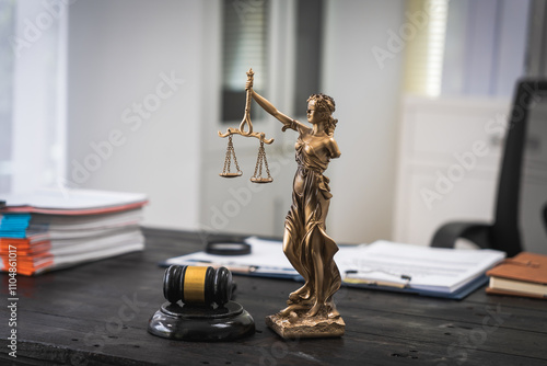 An empty desk in a lawyer's office symbolizes professional legal consulting. Freelance legal consultants assist with reviewing business law, inheritance management, civil and criminal cases, company