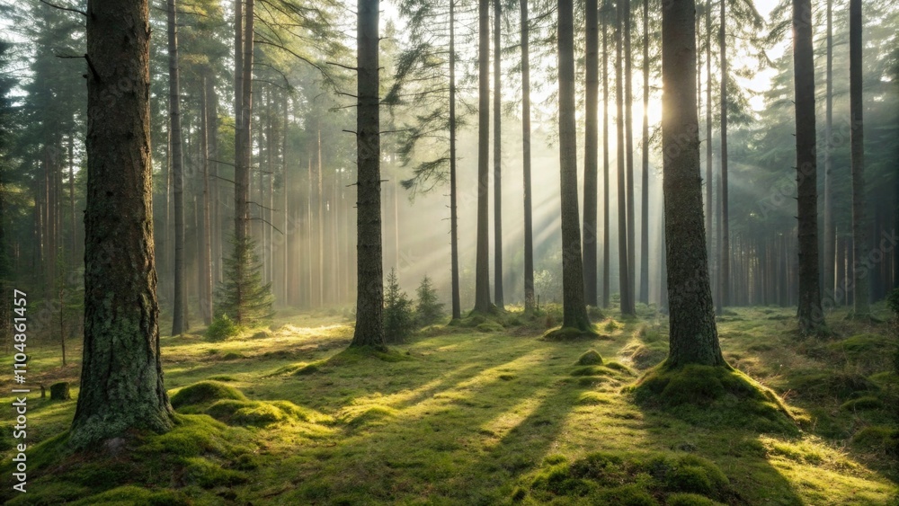 Fototapeta premium Sunlight streaming through a serene forest landscape
