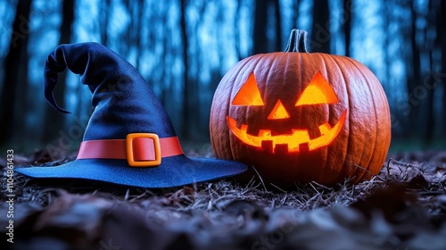 Spooky Halloween Night Witch s Hat Jack o lantern in Forest photo