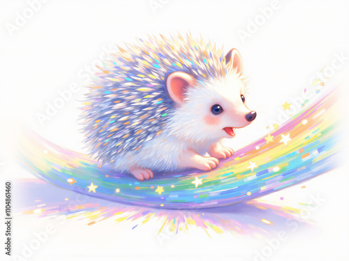 An adorable hedgehog illustration rolling on a colorful rainbow, surrounded by sparkles, designed to evoke joy and whimsy for children's art projects. photo