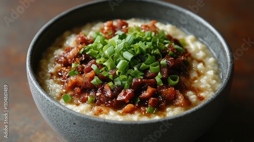 Delicious bowl of creamy grits topped with savory bacon and vibrant green onions, perfect for a hearty breakfast or comforting meal, food styling