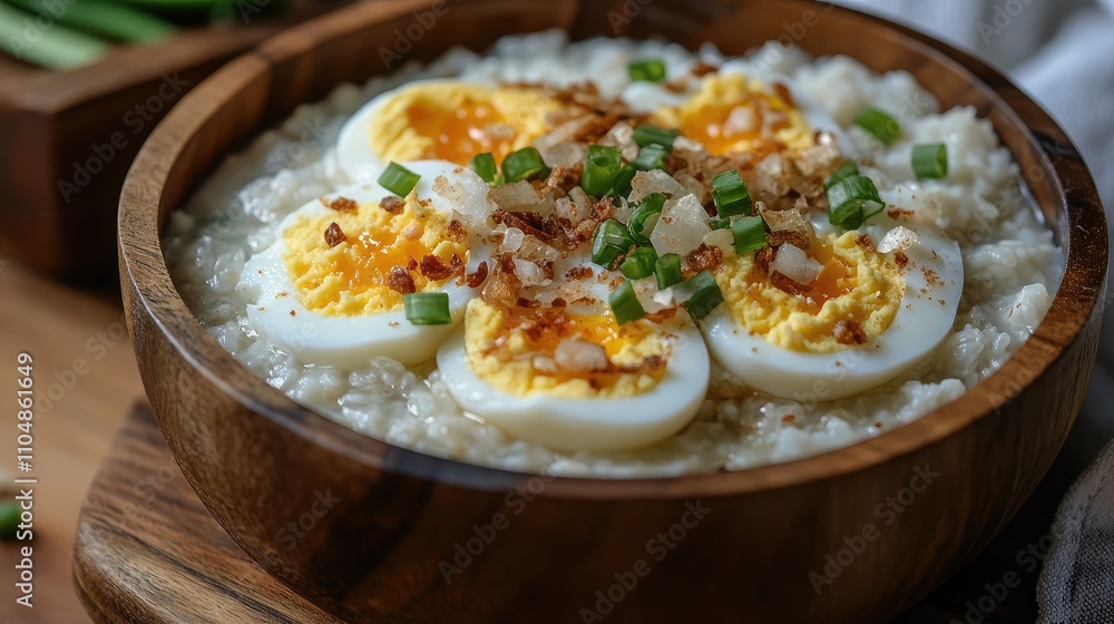Creamy Rice Porridge Bowl Topped with Boiled Eggs, Green Onions, and Crispy Shallots for a Delicious and Nourishing Meal Experience Creamy Rice Porridge Bowl Topped with Boiled Eggs, Green Onions, and Crispy Shallots for a Delicious and Nourishing Meal Experience