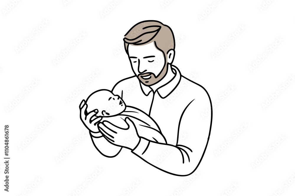 Father Holding Newborn Baby Line Art - Heartwarming Vector Illustration Father Holding Newborn Baby Line Art - Heartwarming Vector Illustration