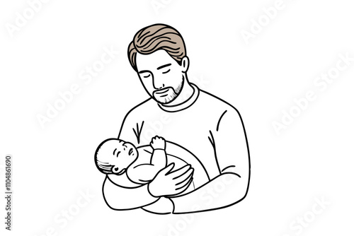Father Holding Newborn Baby Line Art - Heartwarming Vector Illustration