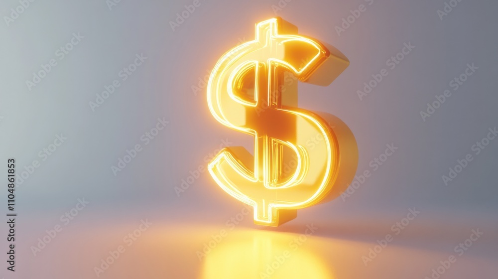 Glossy gold dollar sign in bold 3D cartoon style, leaning forward slightly, glowing softly, on white