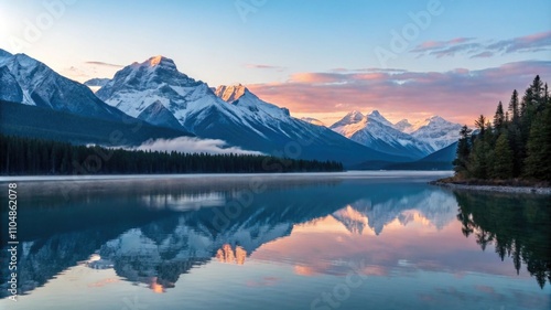 Serene mountain landscape reflecting in tranquil lake at dawn