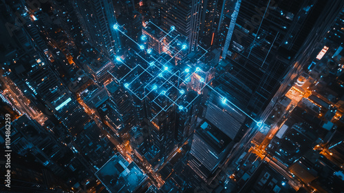 Smart digital city with connection cyber security network reciprocity over the twilight cityscape.future wireless digital city and social media networking systems that connects people within the city 