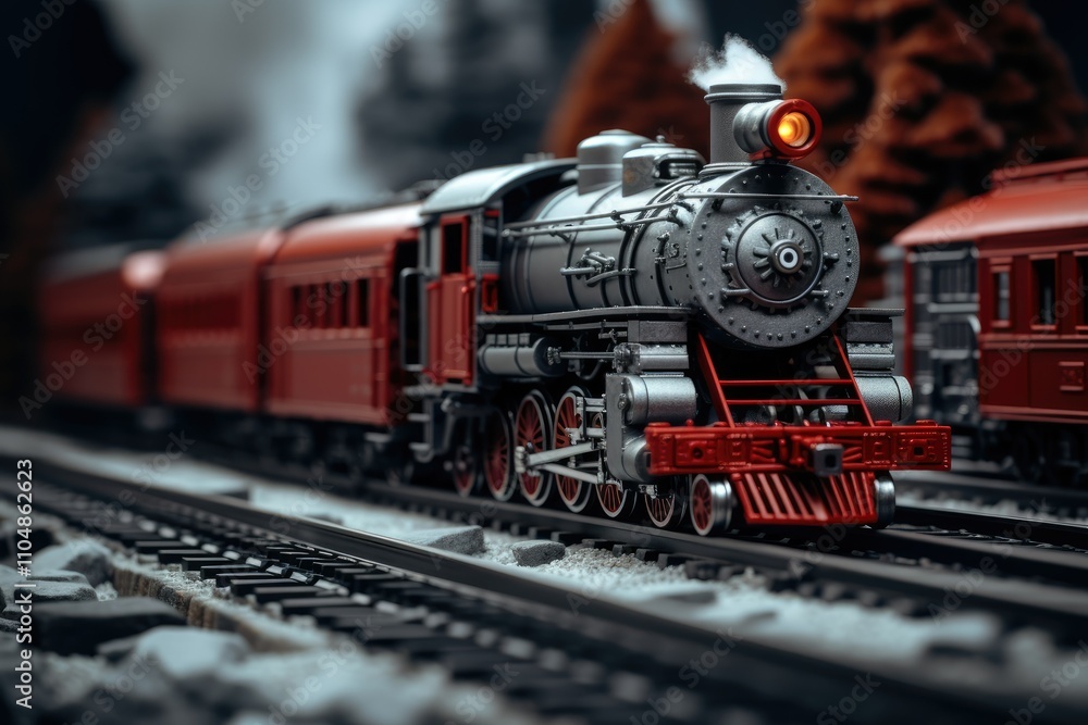 Obraz premium The Intricate Details of a Red and Gray Train Miniature Handcrafted with Meticulous Precision Transporting Onlookers to an Era of Steam and Exploration