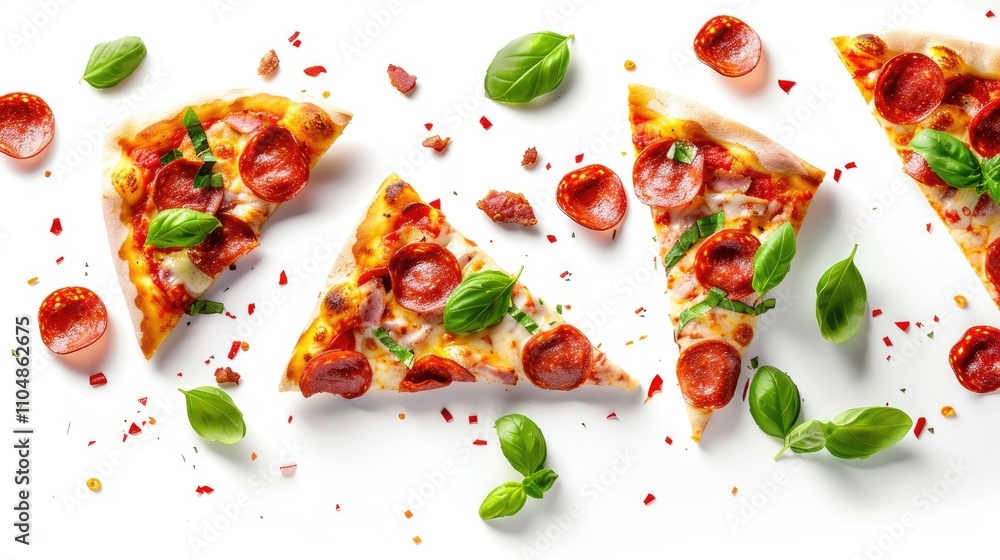 Pizza slices in motion on white background with pepperoni, beef, melty cheese, and basil in flight. Pizza slices in motion on white background with pepperoni, beef, melty cheese, and basil in flight.