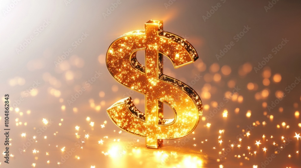 Shiny 3D cartoon dollar sign in gold, with a glowing finish and surrounded by tiny stars, on white Shiny 3D cartoon dollar sign in gold, with a glowing finish and surrounded by tiny stars, on white